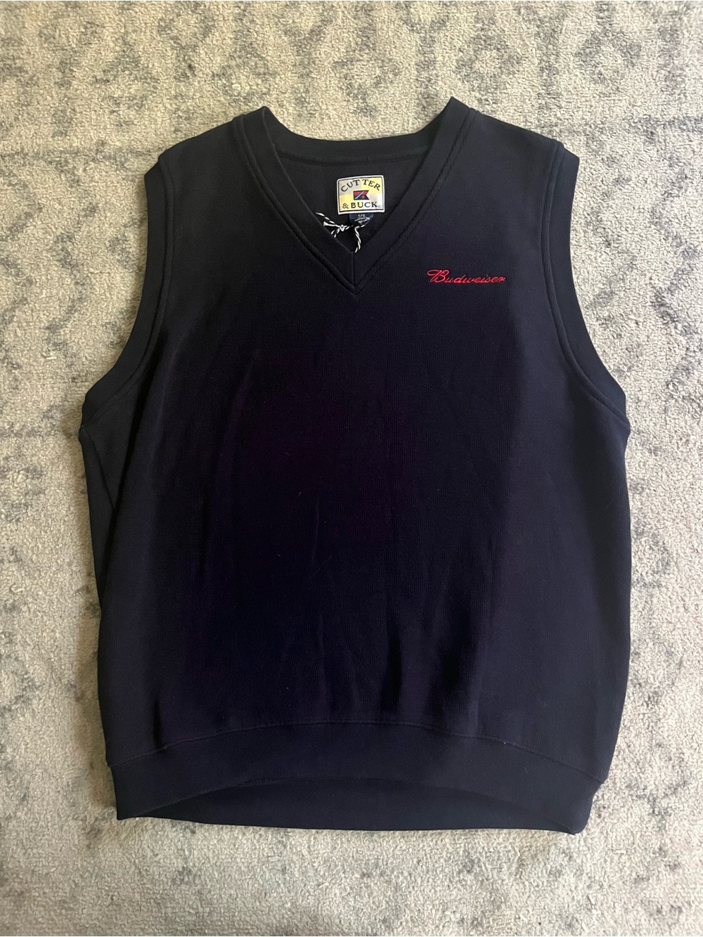 Budweiser Cutter & Buck Mens Large Sweater Vest Navy Blue V Neck Cotton Golf